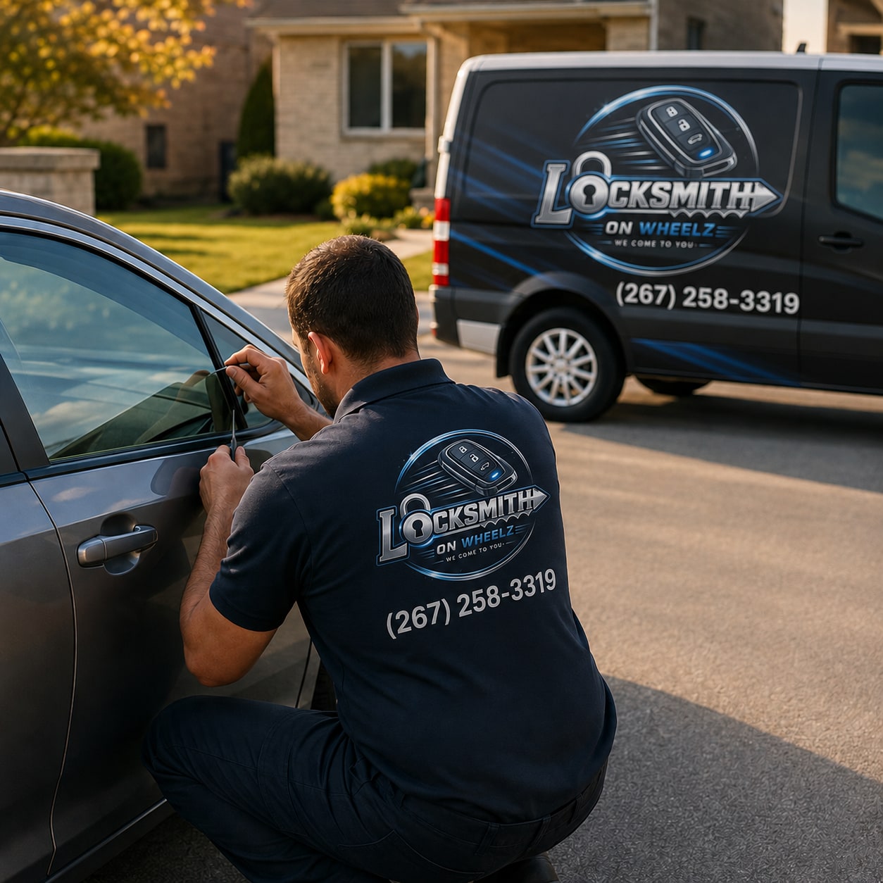 Locksmith on Wheelz mobile locksmith technician unlocking a car in a suburban driveway, branded service van parked behind